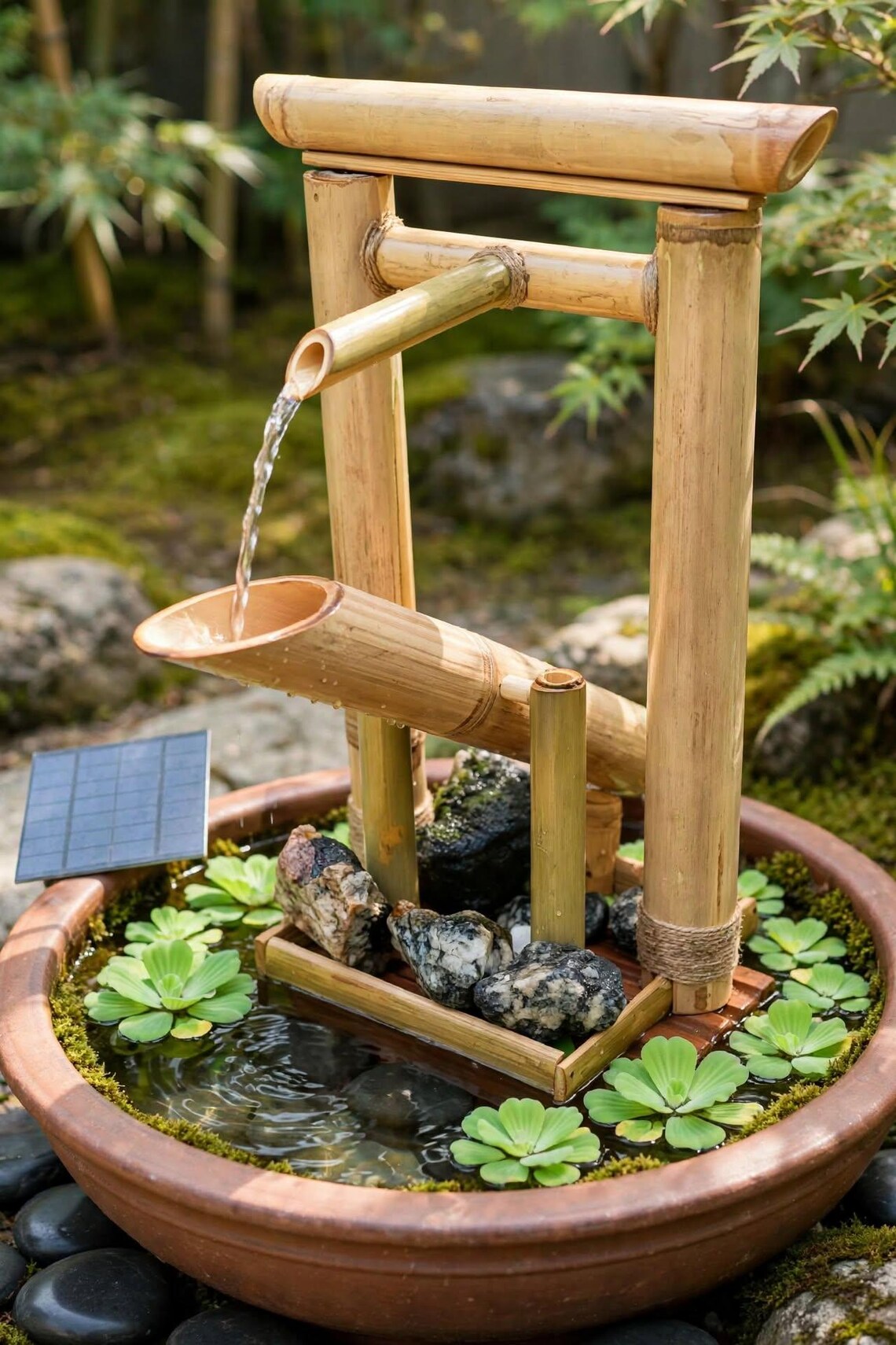 Fontana solare Torii Gate in bambù - Fontana Shishi Odoshi Sozu - Elemento d'acqua per esterni in giardino zen giapponese - Alimentazione solare