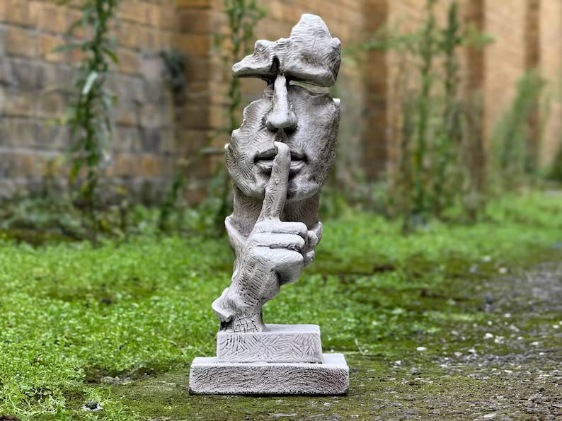 Statua in cemento raffigurante un volto silenzioso, figurina in pietra raffigurante un volto che sussurra, scultura astratta che zittisce, decorazione da giardino moderna, figura in cemento che sussurra, ornamento unic