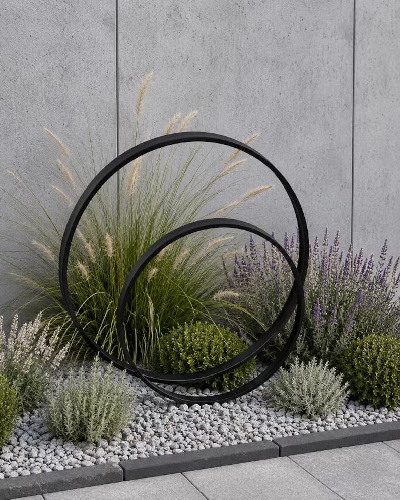 Set di 2 anelli da giardino in metallo nero, decorazioni da giardino in metallo, sculture da giardino, decorazioni per esterni, paletti da giardino, decorazioni da giardino moderne, arte da cortile
