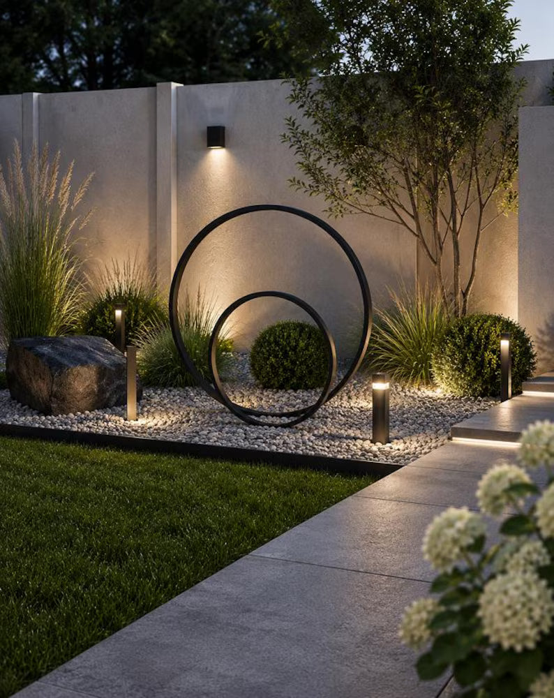 Set di 2 anelli da giardino in metallo nero, decorazioni da giardino in metallo, sculture da giardino, decorazioni per esterni, paletti da giardino, decorazioni da giardino moderne, arte da cortile